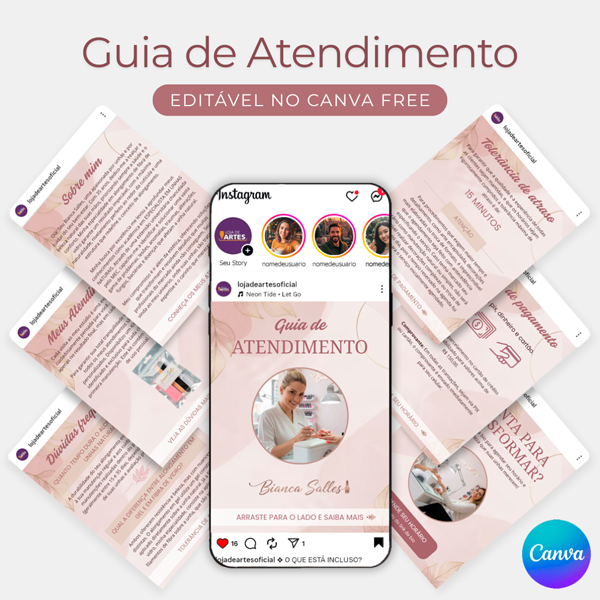 Guia de Atendimento estilo Carrossel Nail Designer Manicure para editar no Canva