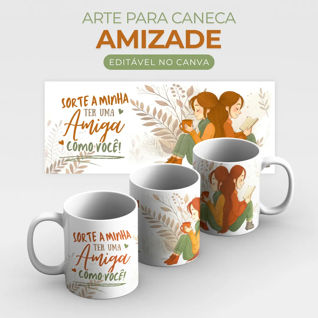 Arte para Caneca Amiga Leitora e Café para editar no Canva