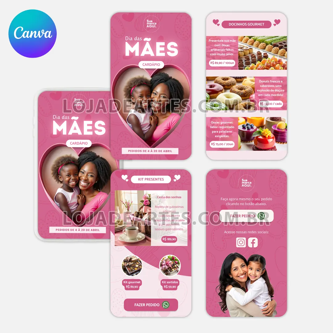 arte cardapio catalogo menu digital canva interativo dia das maes editavel rosa