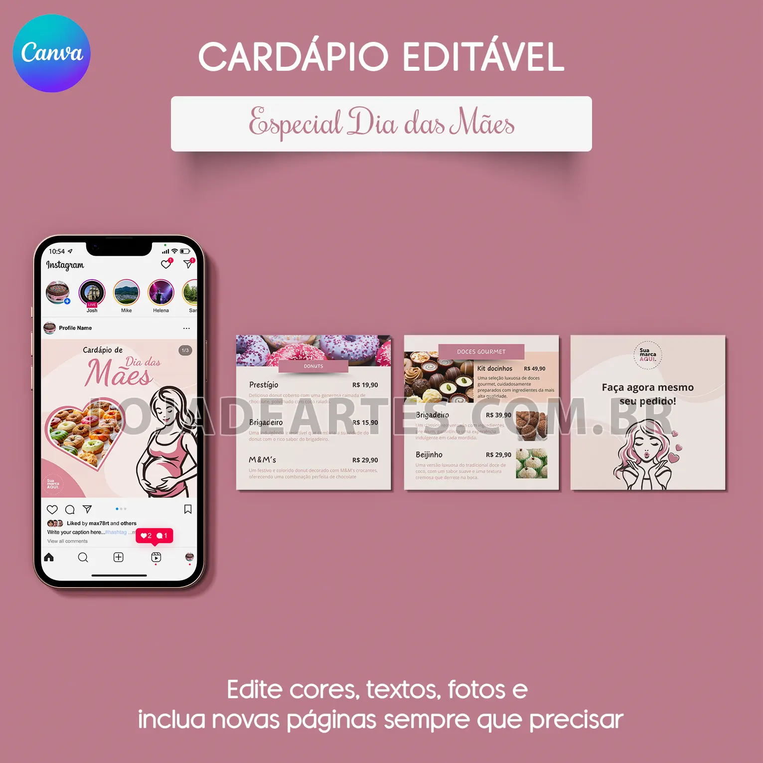 arte cardapio digital feed instagram canva interativo dia das maes editavel