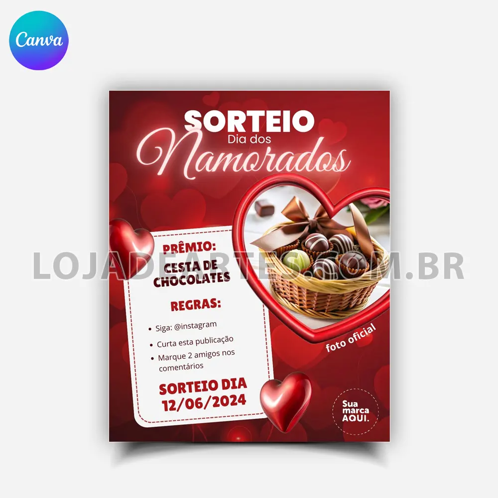 arte para instagram feed post sorteio dia dos namorados vermelha com corações
