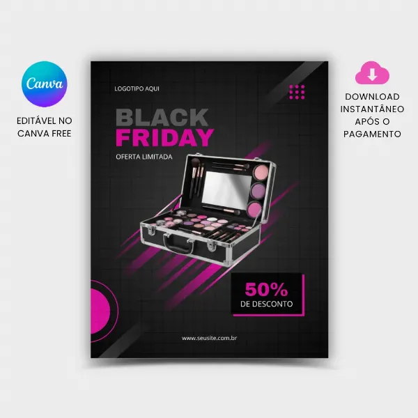 Arte para feed Instagram Promoção Black Friday Maquiagem Cosméticos para editar no Canva
