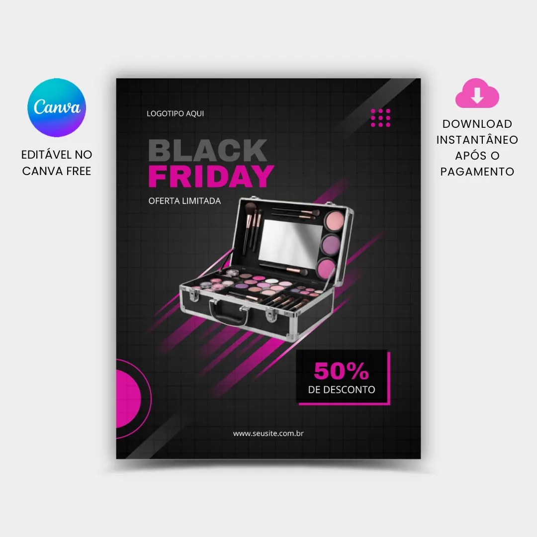 Arte para feed Instagram Promoção Black Friday Maquiagem Cosméticos para editar no Canva