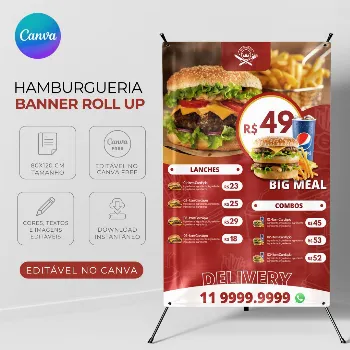 Banner Roll Up para Hamburgueria Editável no Canva