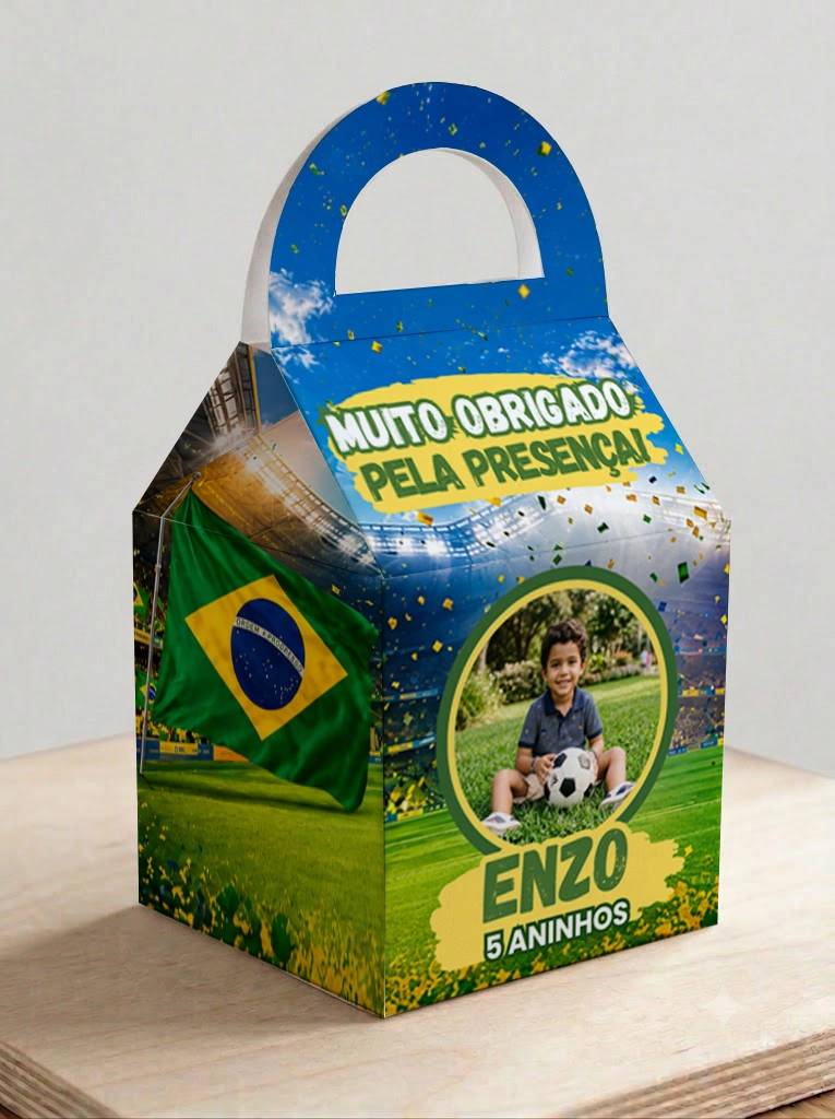 Caixinha surpresa de lembrancinha aniversário copa do mundo editavel canva
