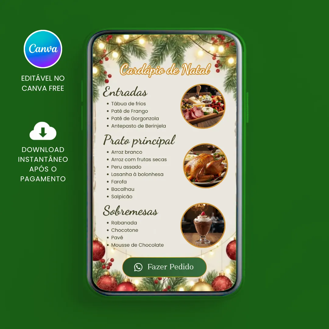 Cardápio Interativo de Natal para editar no Canva