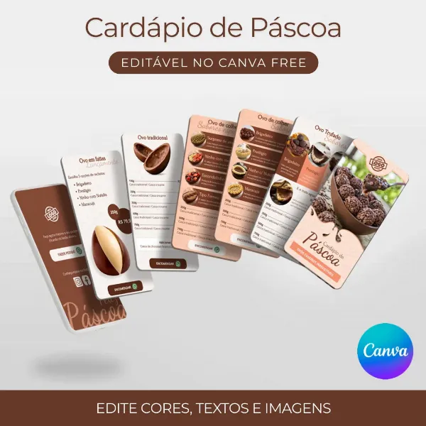 Cardápio de Páscoa para Editar no Editável Canva - Ovo Trufado - Ovo de Colher - Ovo em fatias