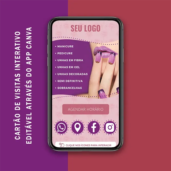 Cartão de Visitas Digital e Interativo, Editável Canva - Manicure / Estética