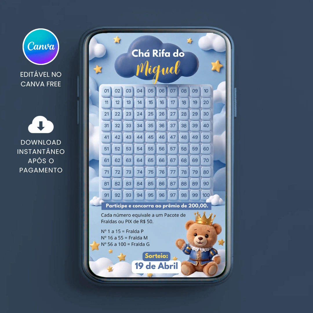Chá Rifa de Fraldas do Urso Príncipe com 100 Números para editar no Canva