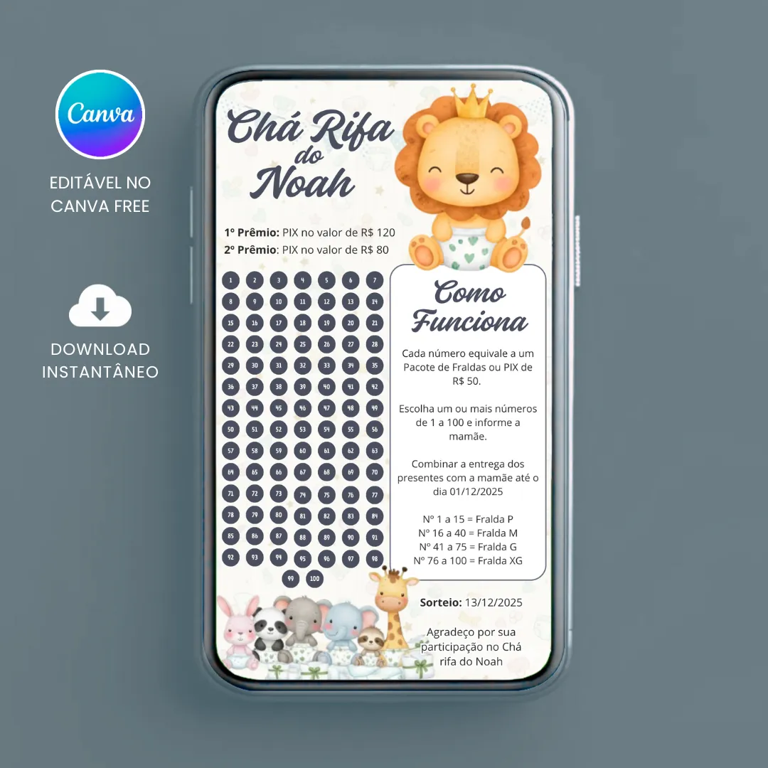 Chá Rifa de Fraldas para Menino com 100 Números para editar no Canva
