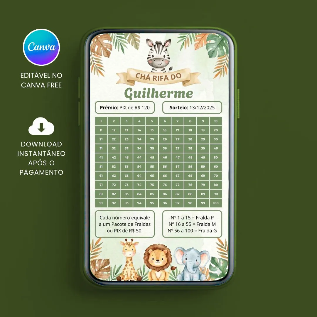 Chá Rifa de Fraldas Safari com 100 Números para editar no Canva