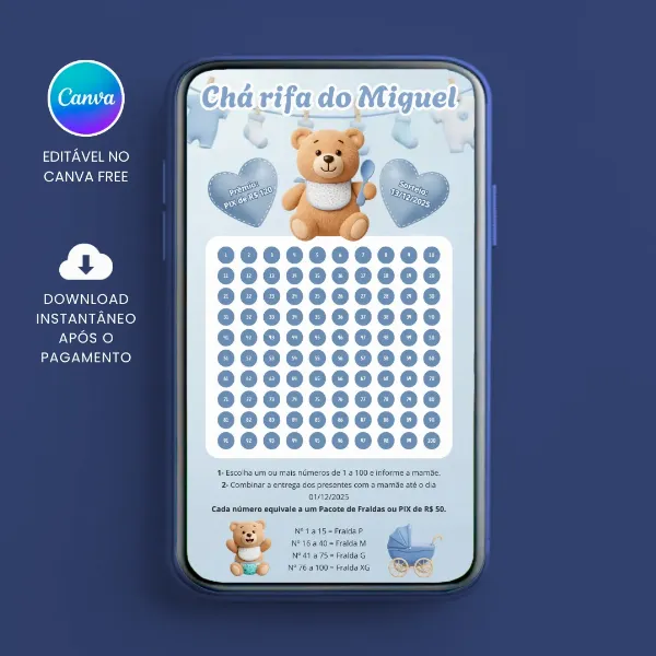 Chá Rifa de Urso Ursinho Fraldas com 100 Números para editar no Canva