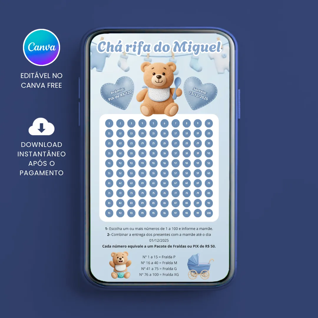 Chá Rifa de Urso Ursinho Fraldas com 100 Números para editar no Canva