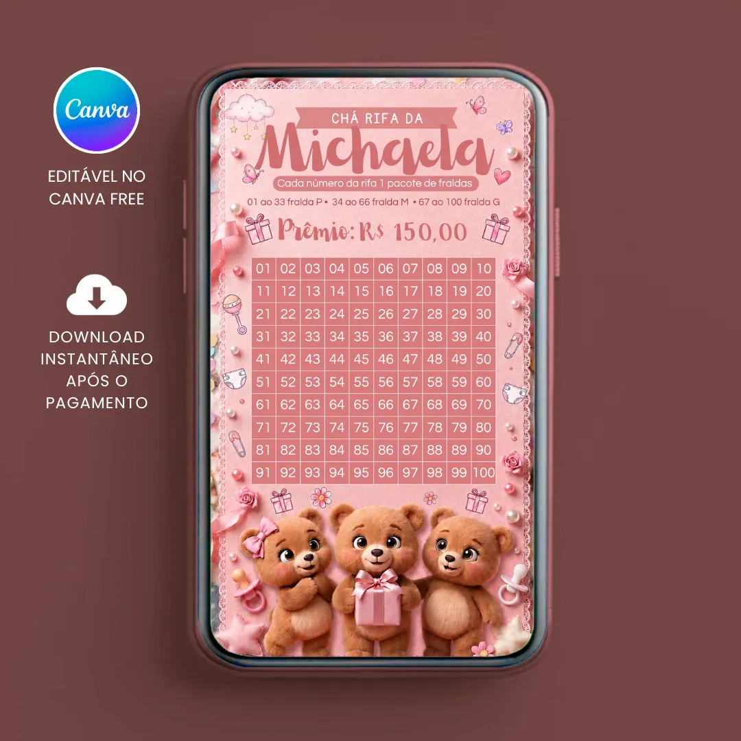 Chá Rifa de Fraldas Ursinho Rosa com 100 Números para editar no Canva