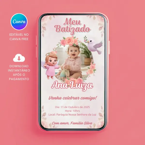 Convite Animado de Batizado Anjo com Foto para editar no Canva