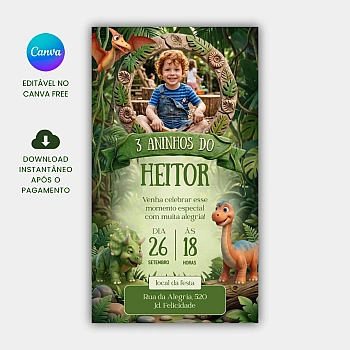 Convite de Aniversário Animado Tema Dinossauro Editável no Canva