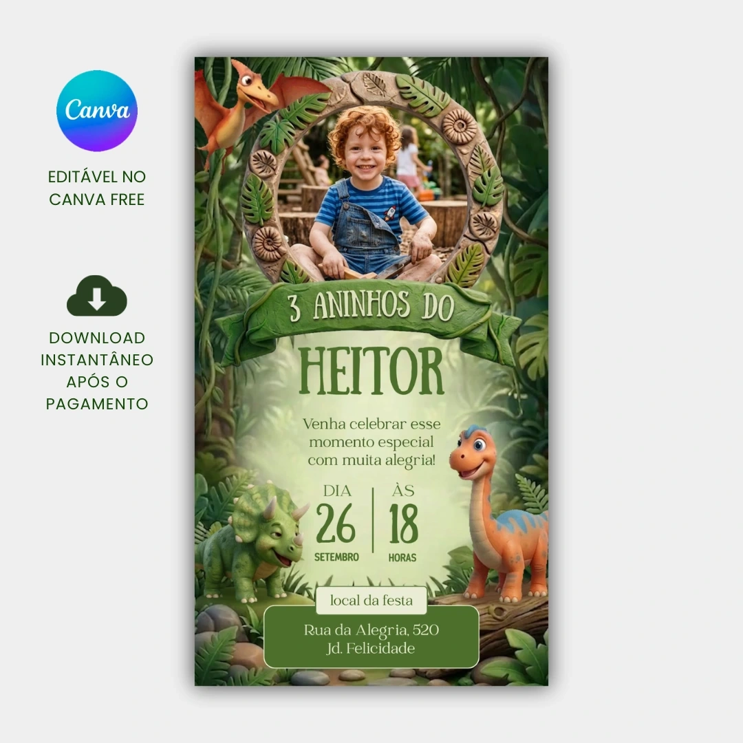 Convite de aniversário dinossauro editável no Canva com foto do aniversariante