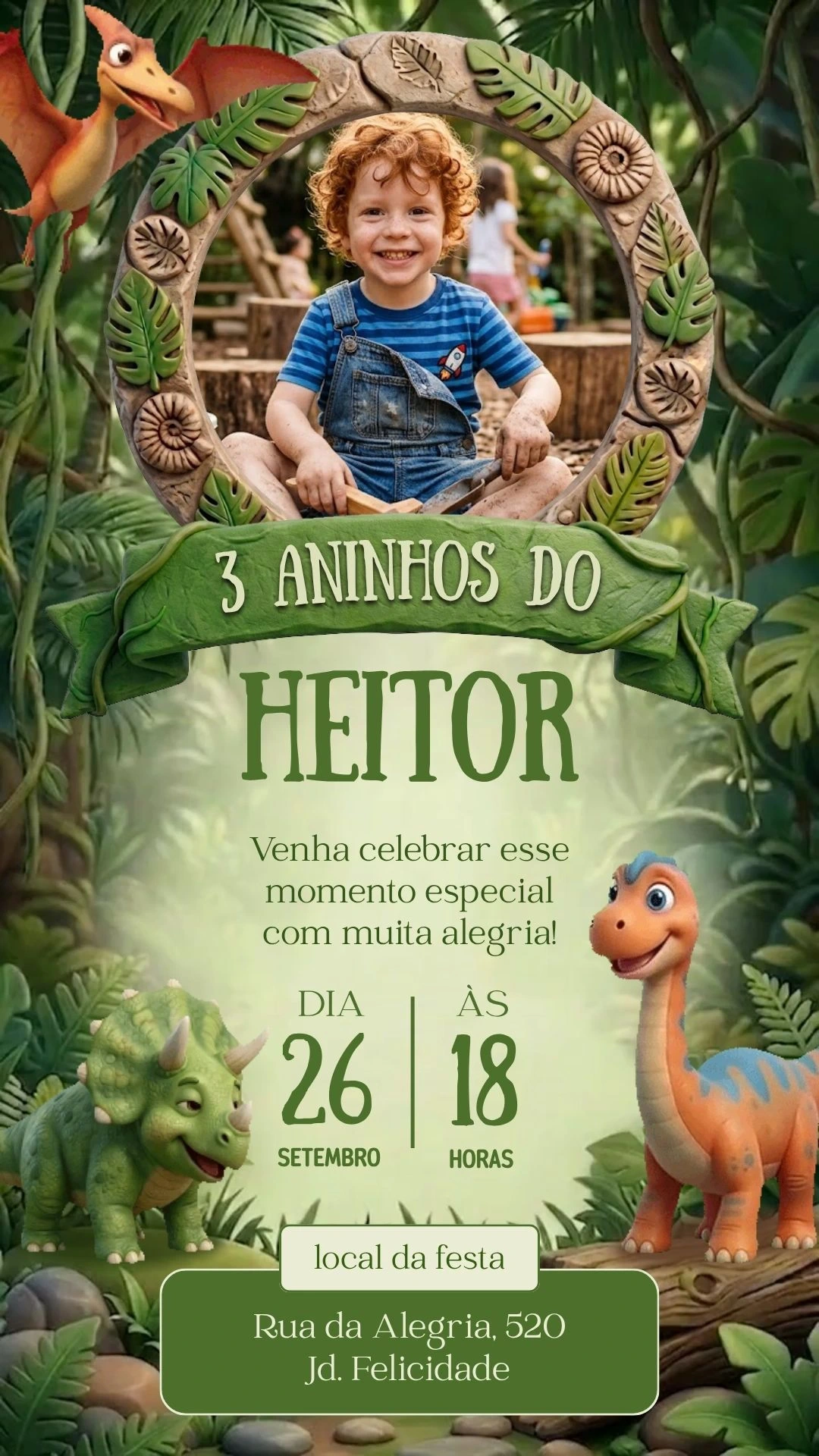 Convite interativo dinossauro para aniversário infantil para enviar pelo WhatsApp