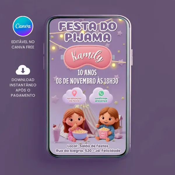 Convite Animado e Interativo Festa do Pijama para editar no Canva