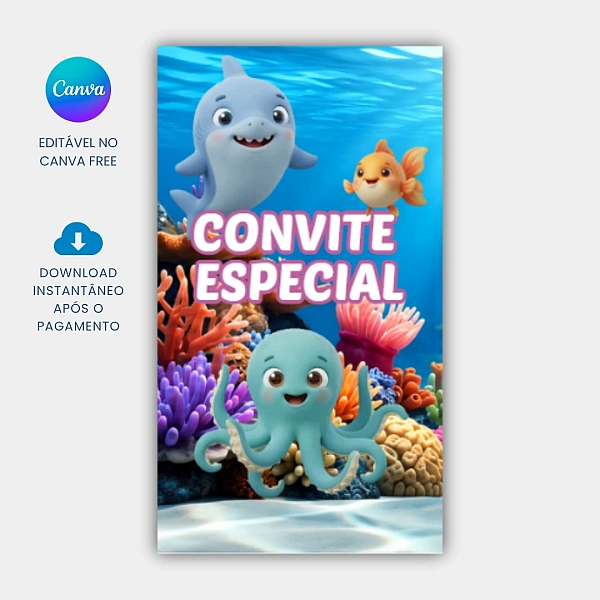 Convite Animado e Interativo Tema Fundo do Mar para editar no Canva