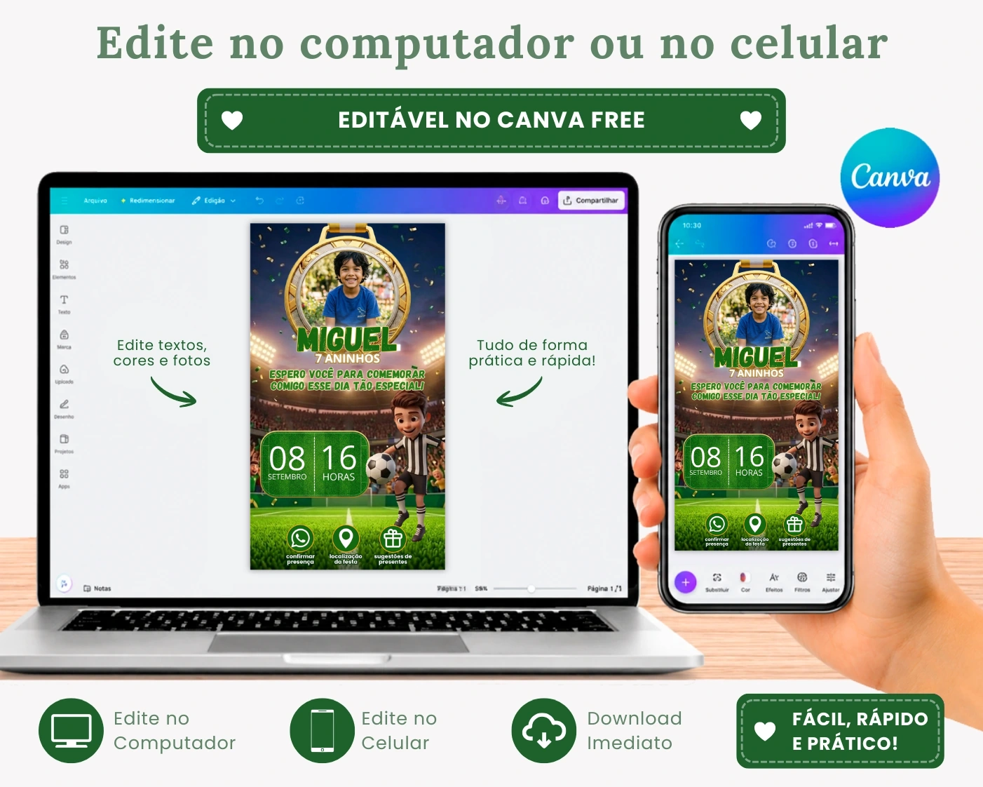 Convite animado e interativo com tema futebol para aniversário infantil