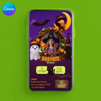 Convite Animado e Interativo Halloween Bruxa para editar no Canva