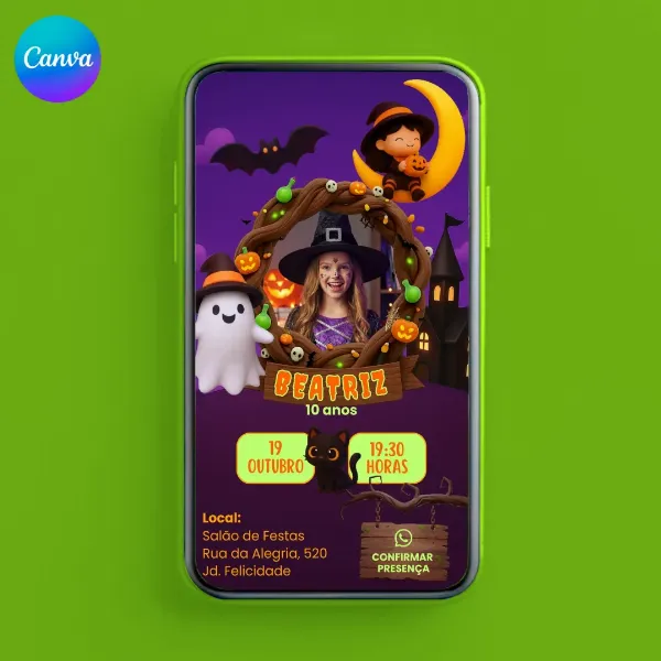 Convite Animado e Interativo Halloween Bruxa para editar no Canva