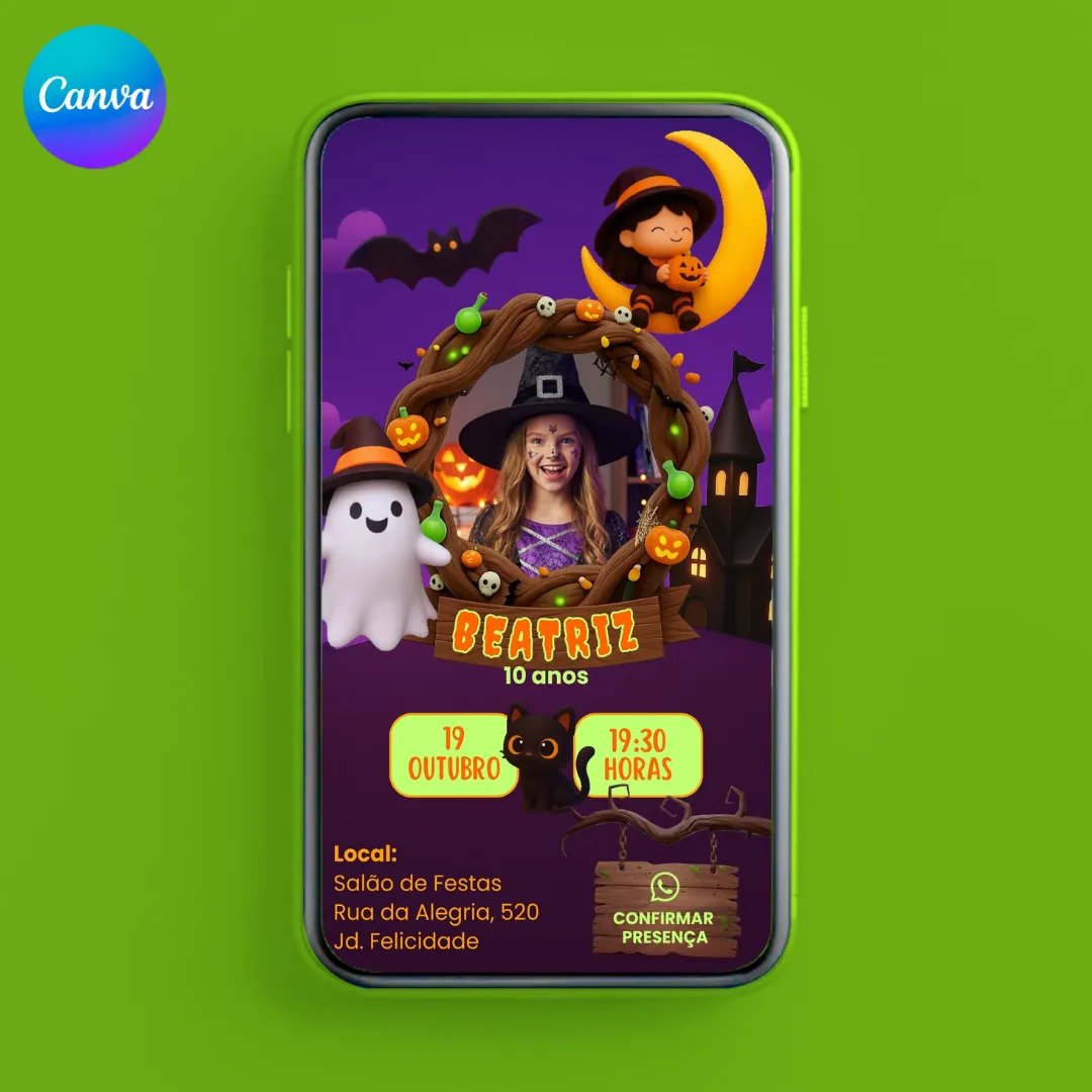 Convite Animado e Interativo Halloween Bruxa para editar no Canva