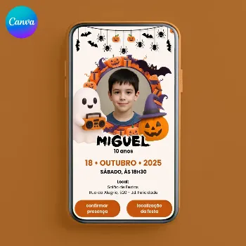 Convite Animado e Interativo Halloween Infantil para editar no Canva