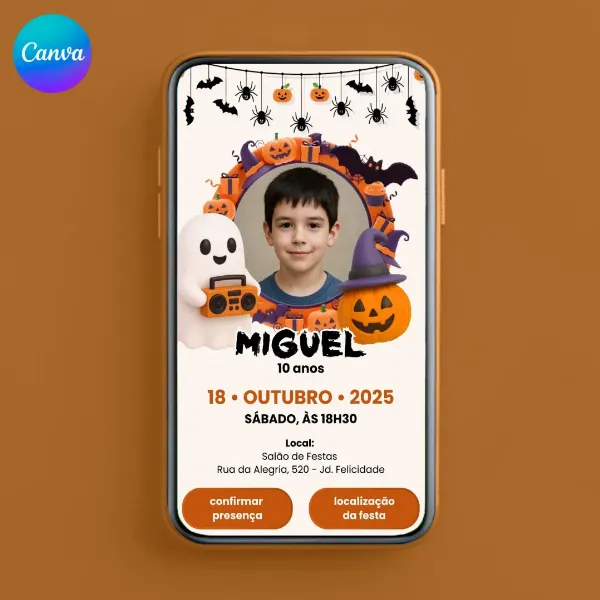 Convite Animado e Interativo Halloween Infantil para editar no Canva