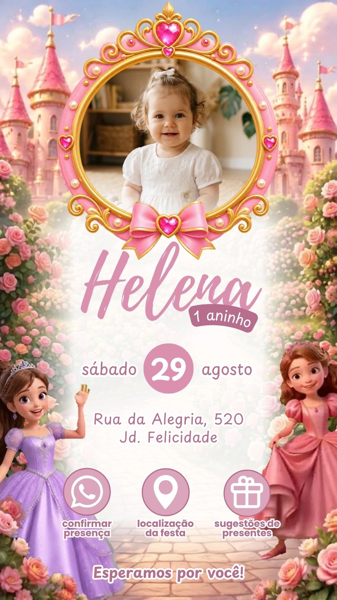 Convite princesa rosa com botões interativos para confirmação de presença e localização da festa
