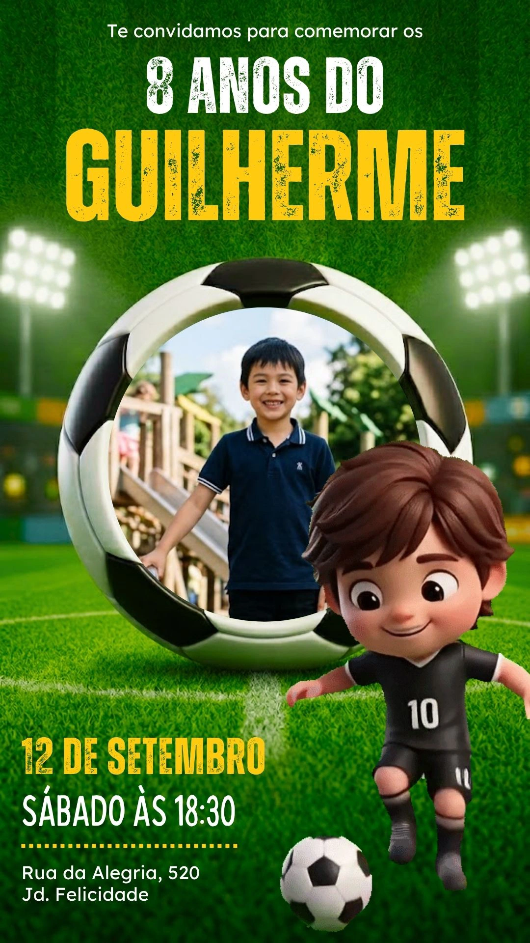 Convite digital de aniversário futebol para WhatsApp editável