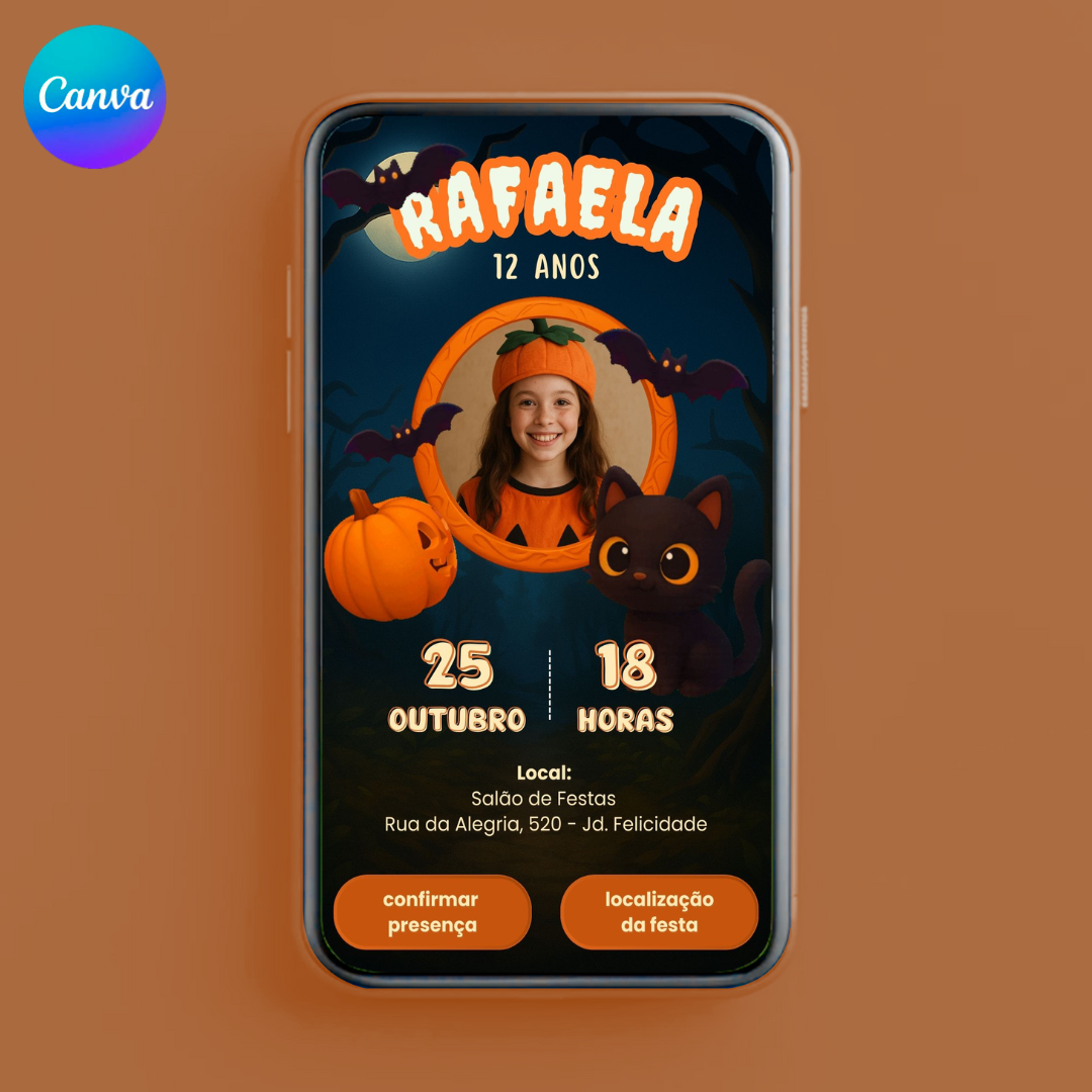 Convite digital Animado e interativo de Halloween editável no Canva