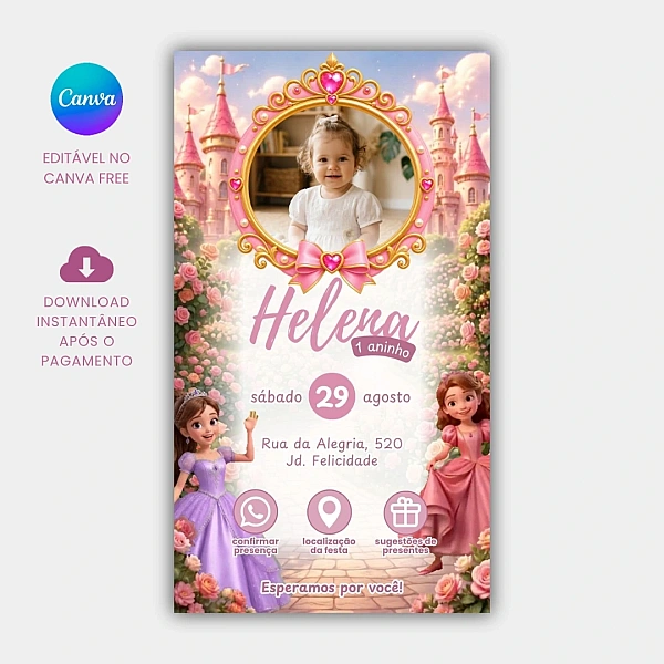 Convite de Aniversário Animado e Interativo Tema Princesas para editar no Canva