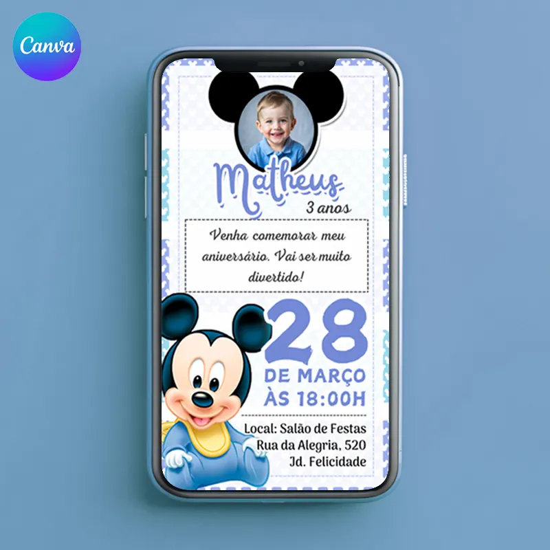 convite aniversario digital editavel canva mickey baby