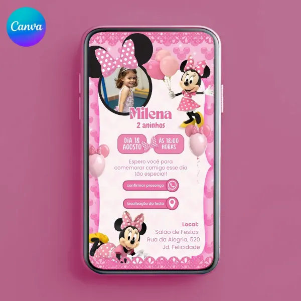 Convite Minnie Rosa com Foto Animado e Interativo - Editável no Canva
