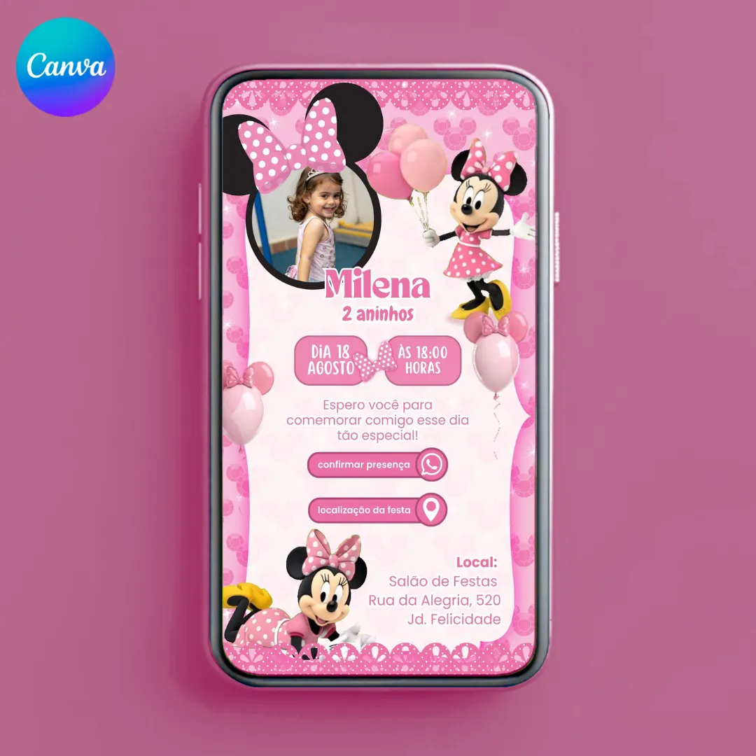 Convite Digital Minnie Rosa Animado e Interativo - Editável no Canva