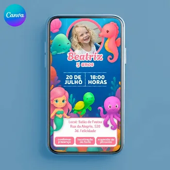 Convite Digital Interativo Sereia Fundo do Mar Editável no Canva