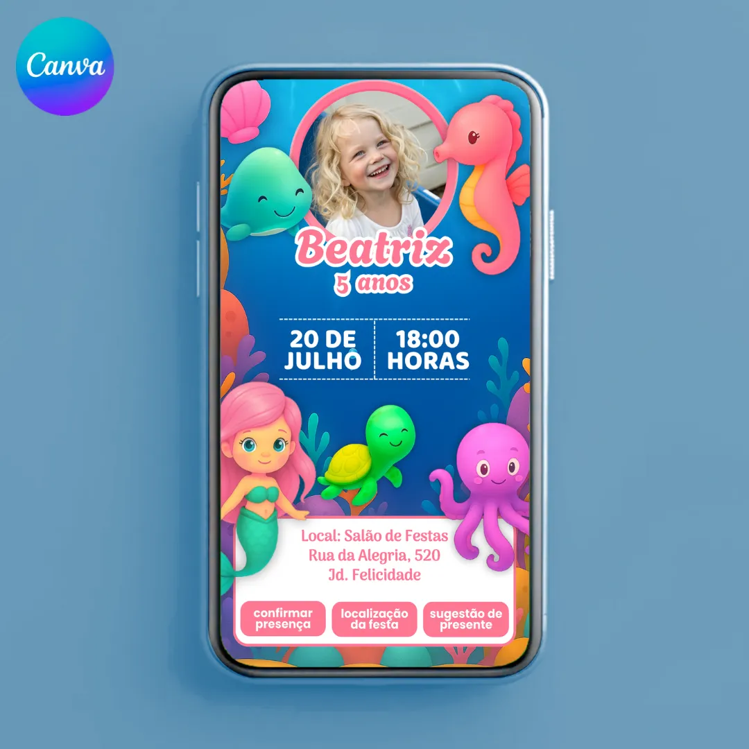Convite Digital Interativo Sereia Fundo do Mar Editável no Canva