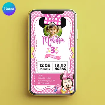 Convite de Aniversário Virtual da Minnie Baby Editável no app Canva
