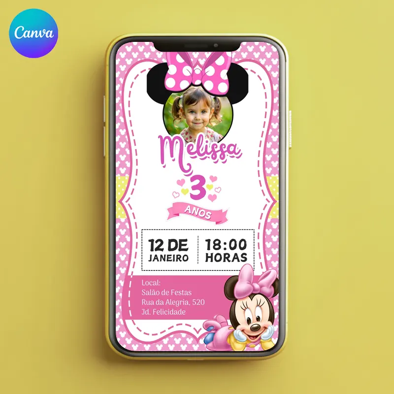 convite aniversario digital virtual editavel canva minnie baby