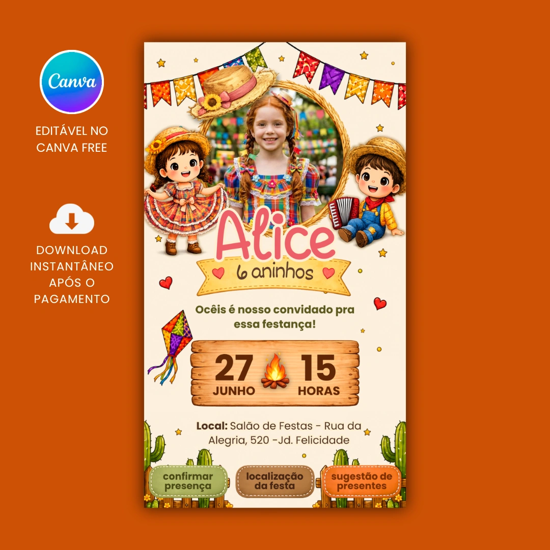 Convite de Aniversário Interativo Festa Junina Infantil para editar no Canva