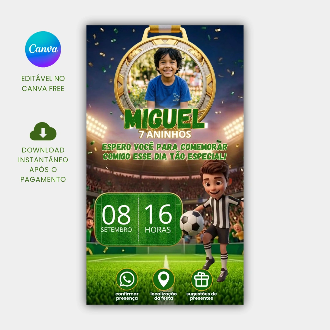 Convite de aniversário futebol editável no Canva com foto do aniversariante