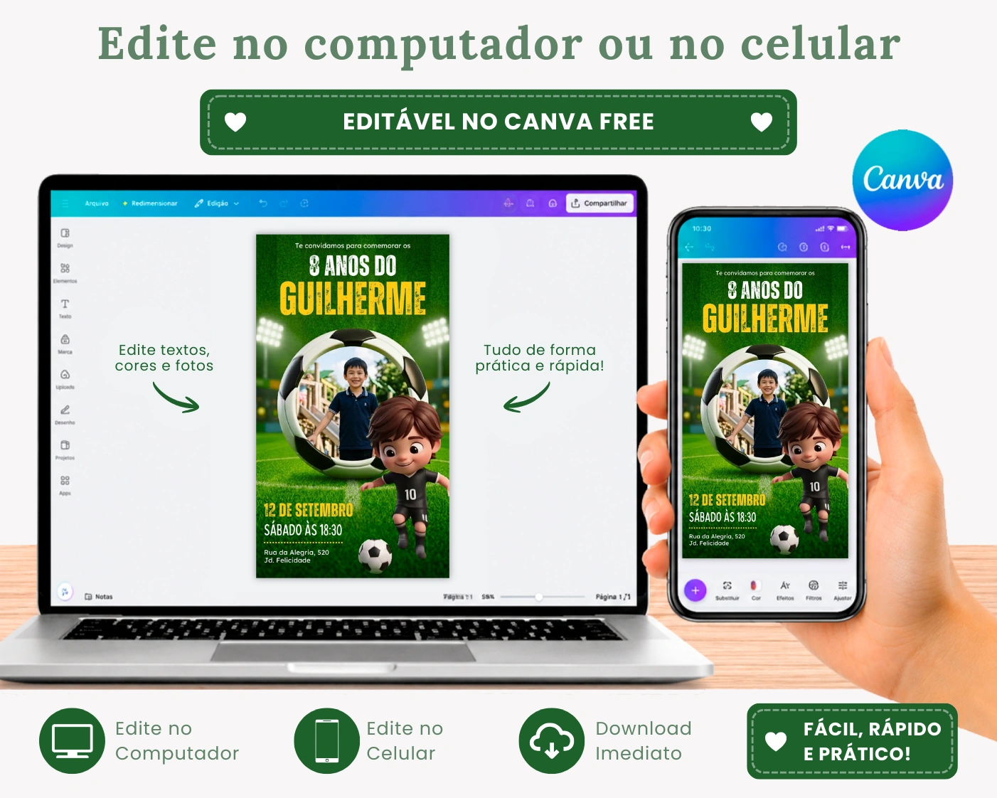 Convite infantil tema futebol com foto editável no Canva