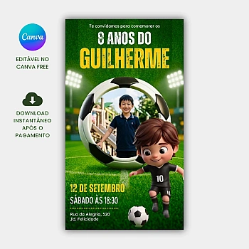 Convite de Aniversário Futebol Animado com foto para Editar no Canva