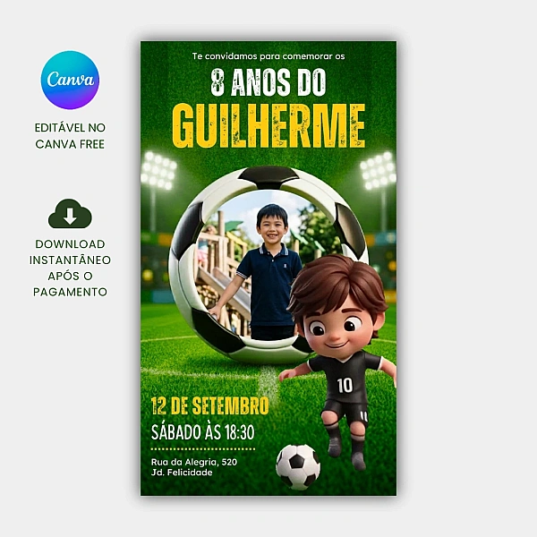 Convite de Aniversário Futebol Animado com foto para Editar no Canva