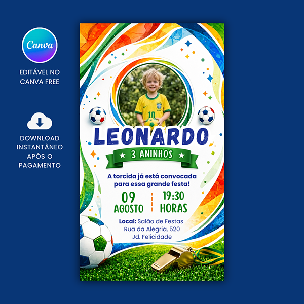 Convite Aniversário Infantil Copa do Mundo com Foto para editar no Canva