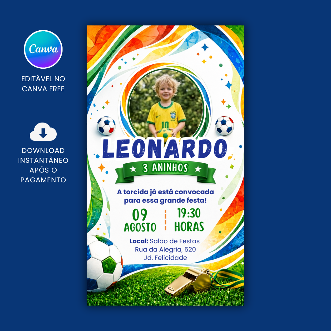 Convite Aniversário Infantil Copa do Mundo com Foto para editar no Canva