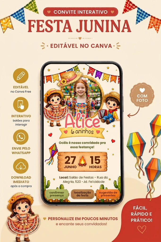 Convite de Aniversário Festa Junina Infantil para editar no Canva