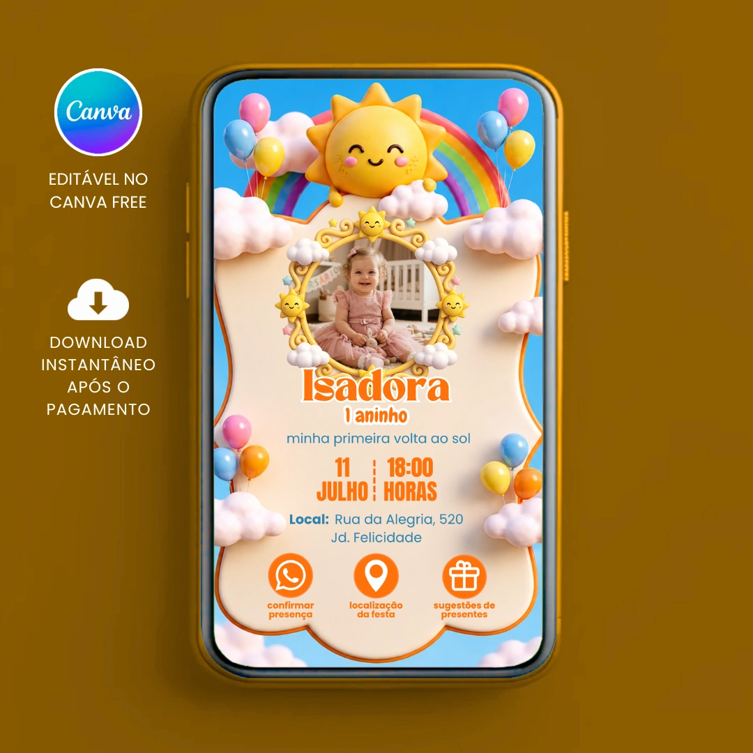 Convite de Aniversário Digital Minha Primeira Volta ao Sol Editável no Canva
